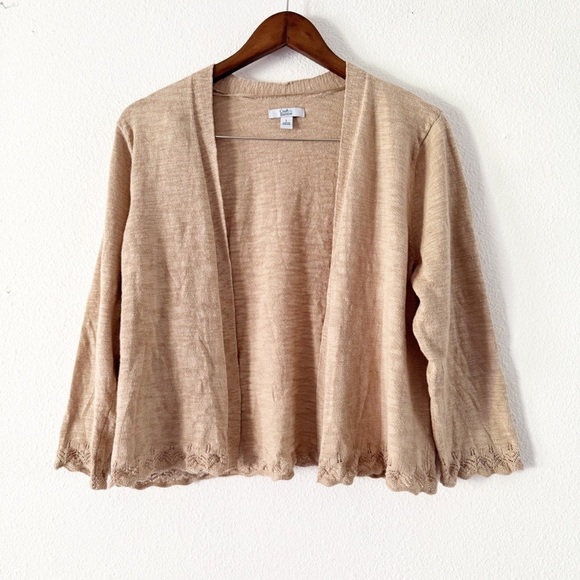 Beige Cardigan Large Lace Trim Open Front Cozy Quiet Luxury Coastal Grandma - Picture 2 of 12